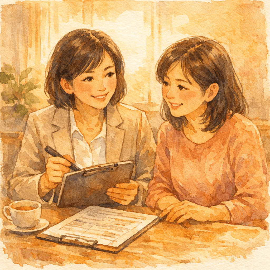 ケアプランを囲むケアマネと家族、温かい光、水彩