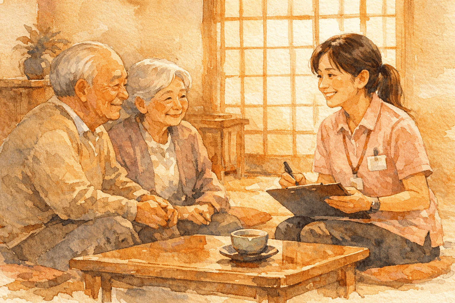 ケアマネが高齢者宅を訪問して話を聞く、水彩