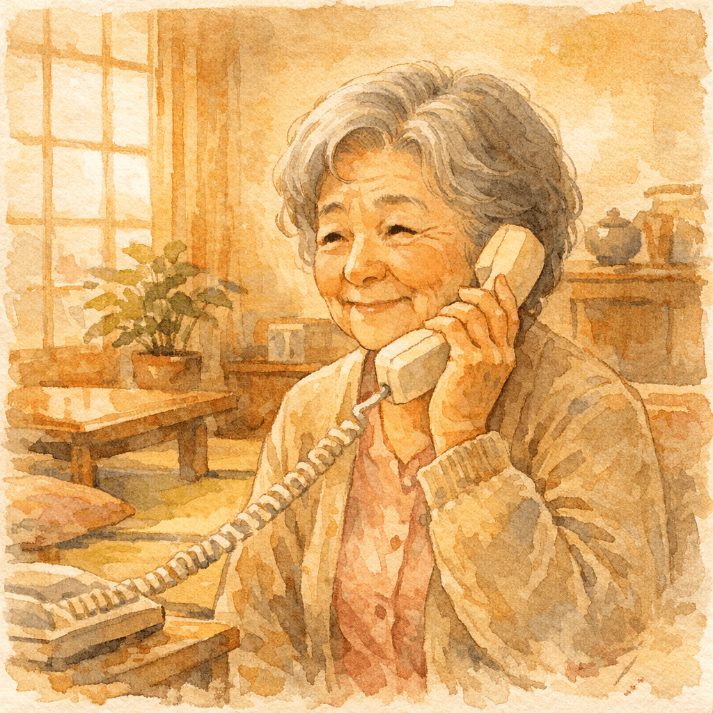 電話で穏やかに笑う高齢女性、水彩