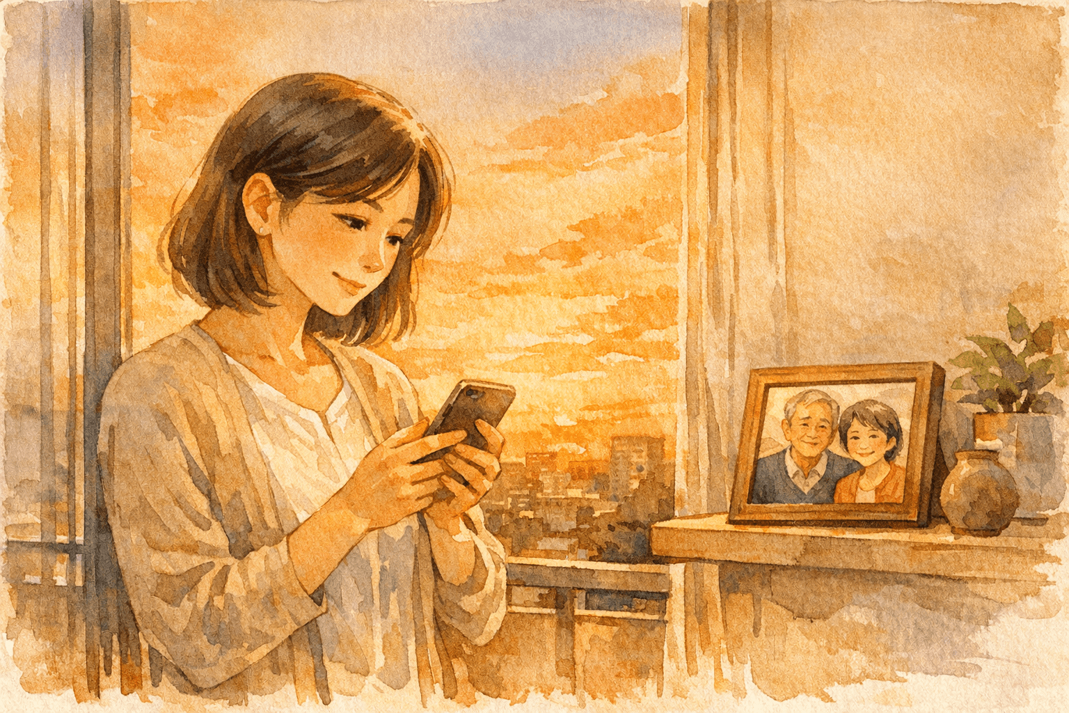 夕暮れに実家を思う娘、水彩調