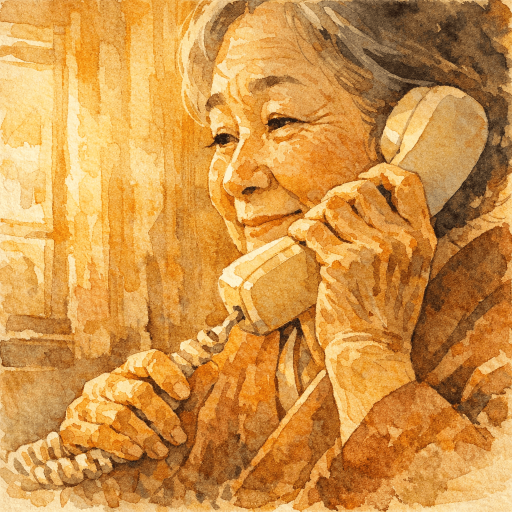 ご高齢の女性が固定電話に出ている、温かい光