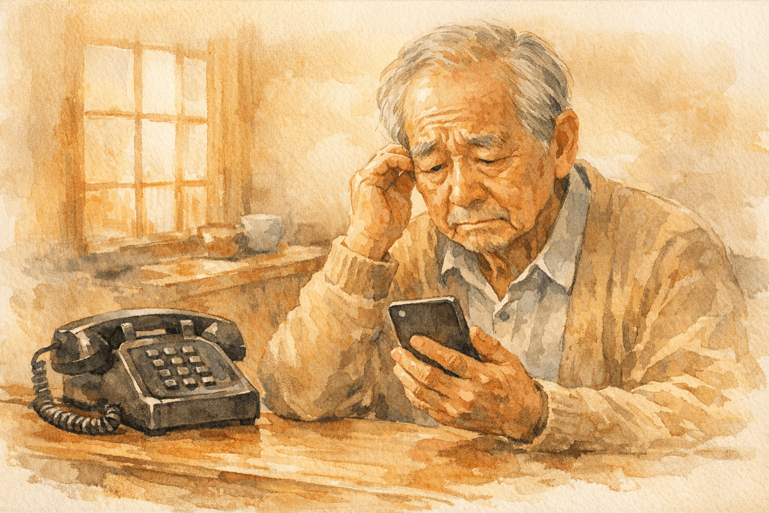 スマホに戸惑う高齢男性、水彩