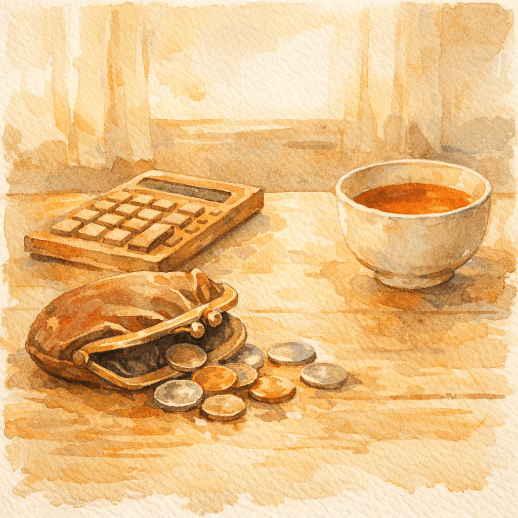 コインと電卓、やわらかい光の家計の風景、水彩