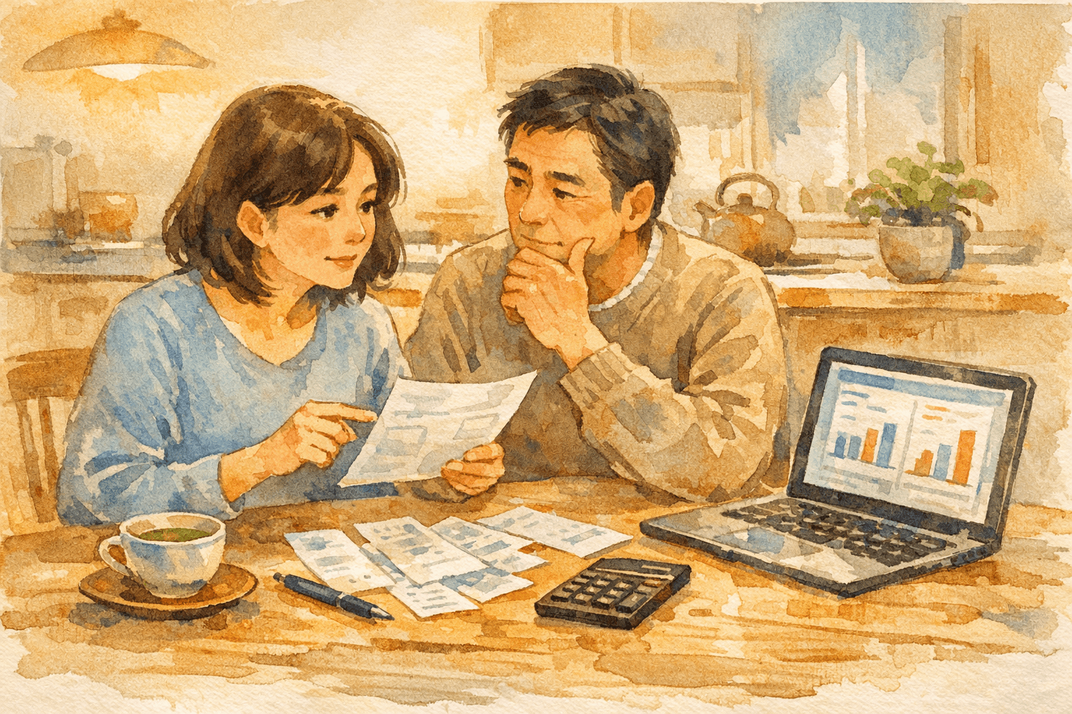 電卓と家計簿で見守り費用を比べる家族、水彩