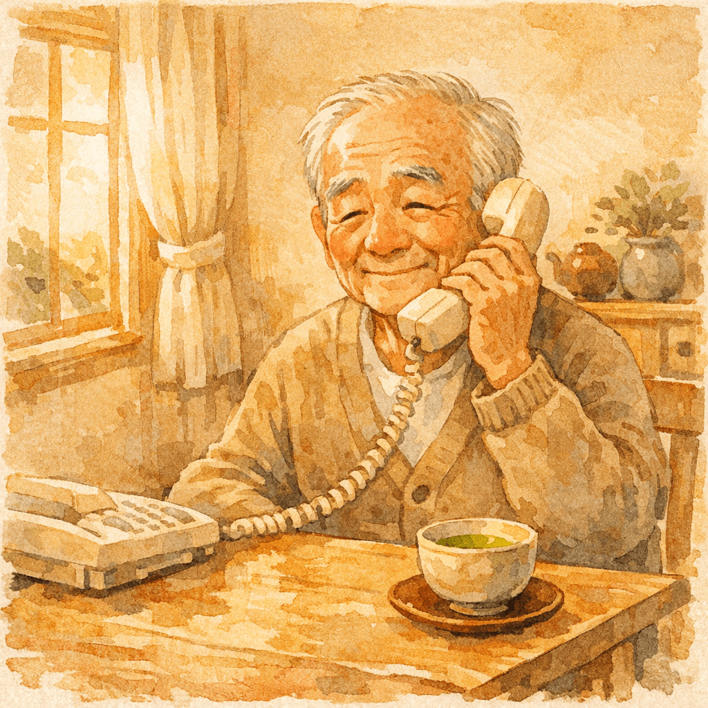 電話に出て穏やかに微笑むご高齢の父