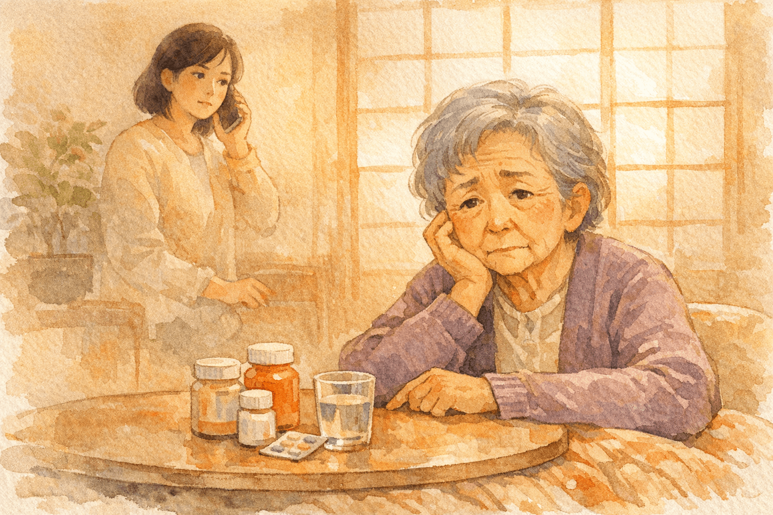 お薬を前にして困ったご高齢の母と心配する娘
