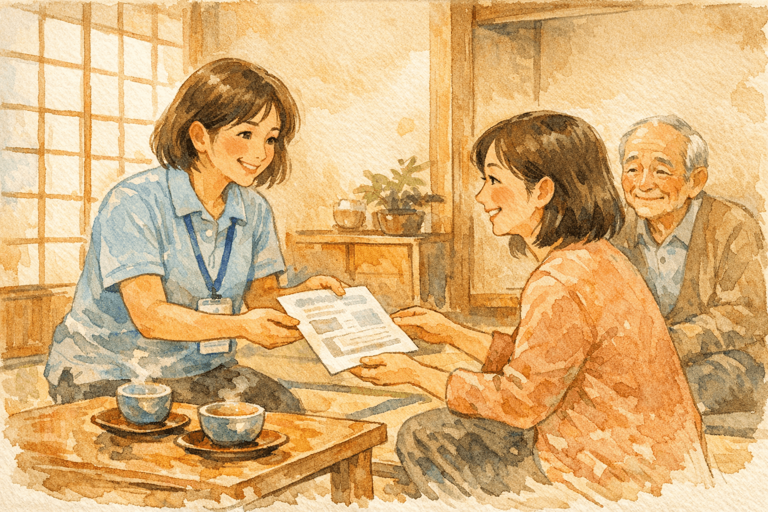 ケアマネジャーがご家族にサービスを紹介している場面