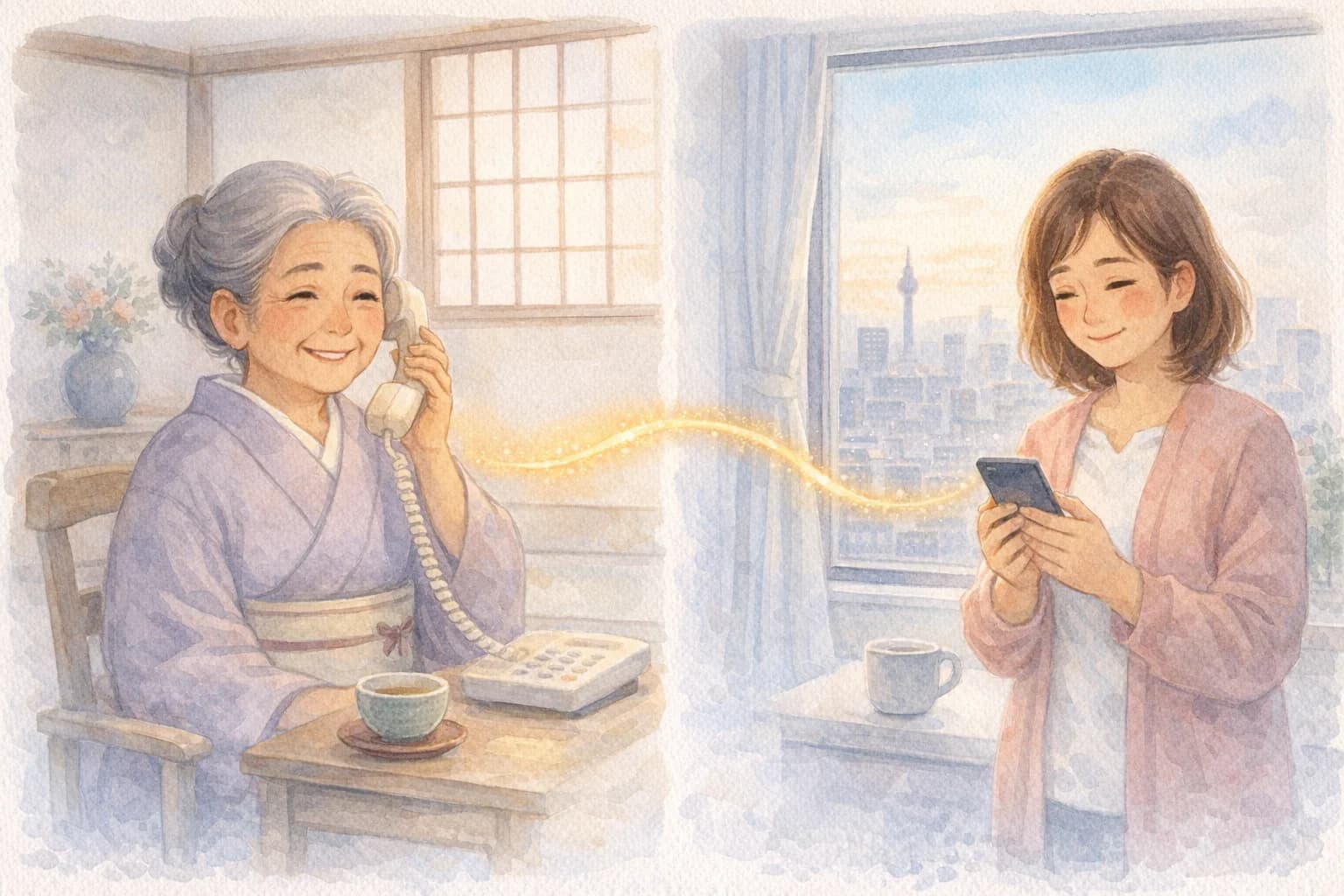 電話で繋がる母と娘の朝のシーン