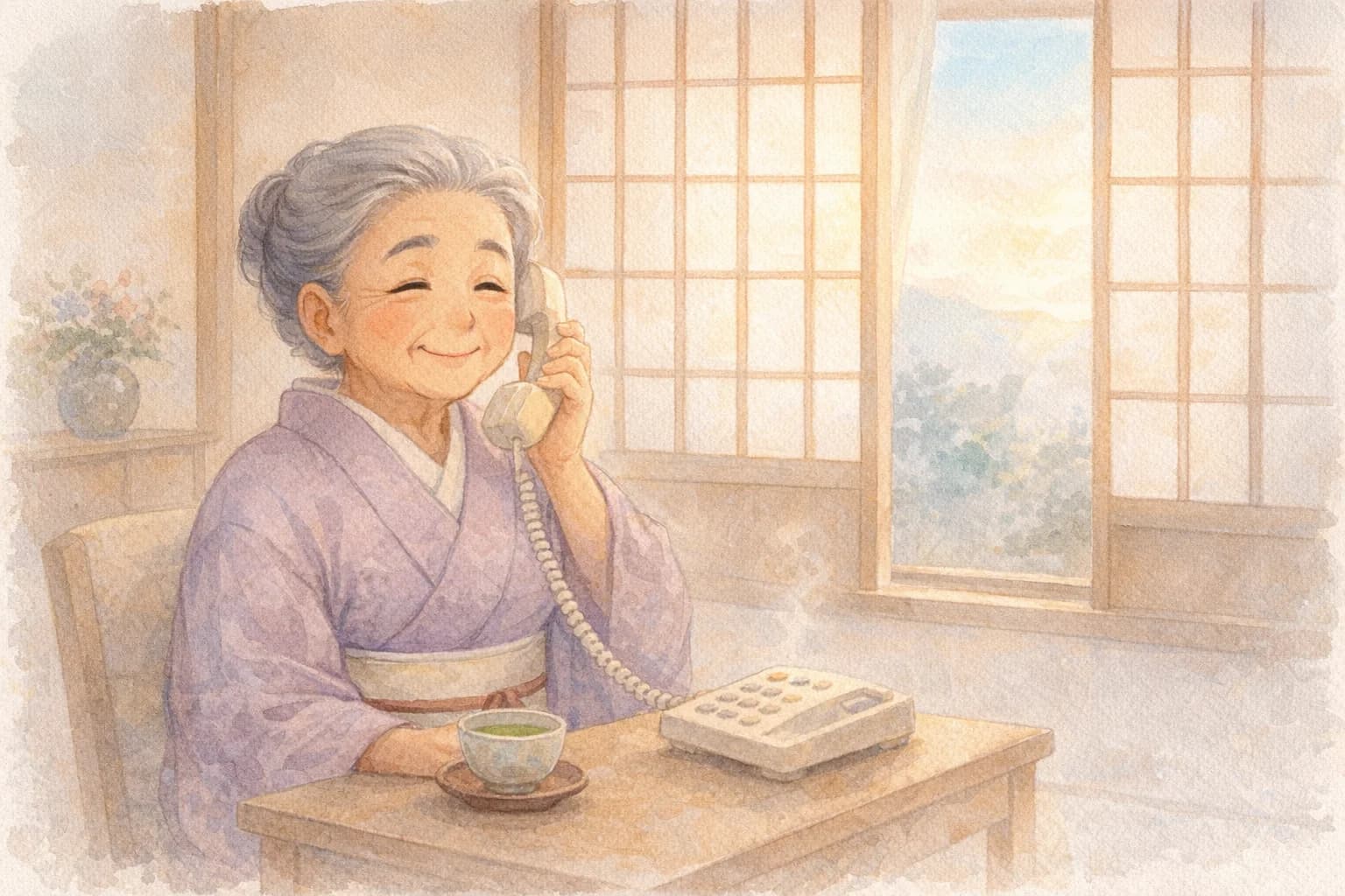 朝の窓辺で電話を受けるご高齢の母