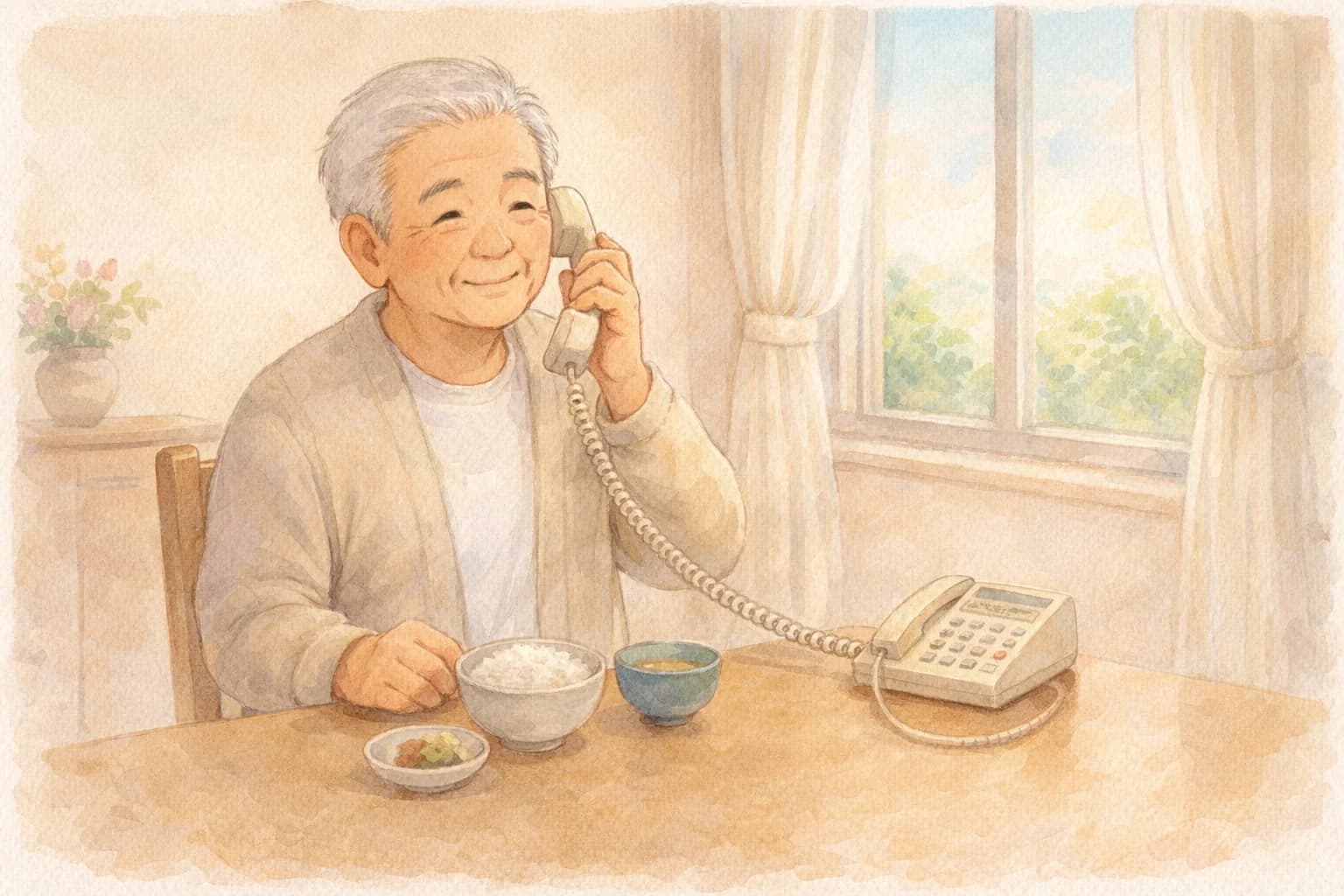 朝食前のテーブルで電話を受けるご高齢の父